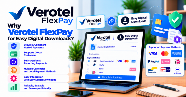 Why buy Verotel FlexPay for Easy Digital Downloads: hosted checkout for digital merchants — WooCommerce payment infographic