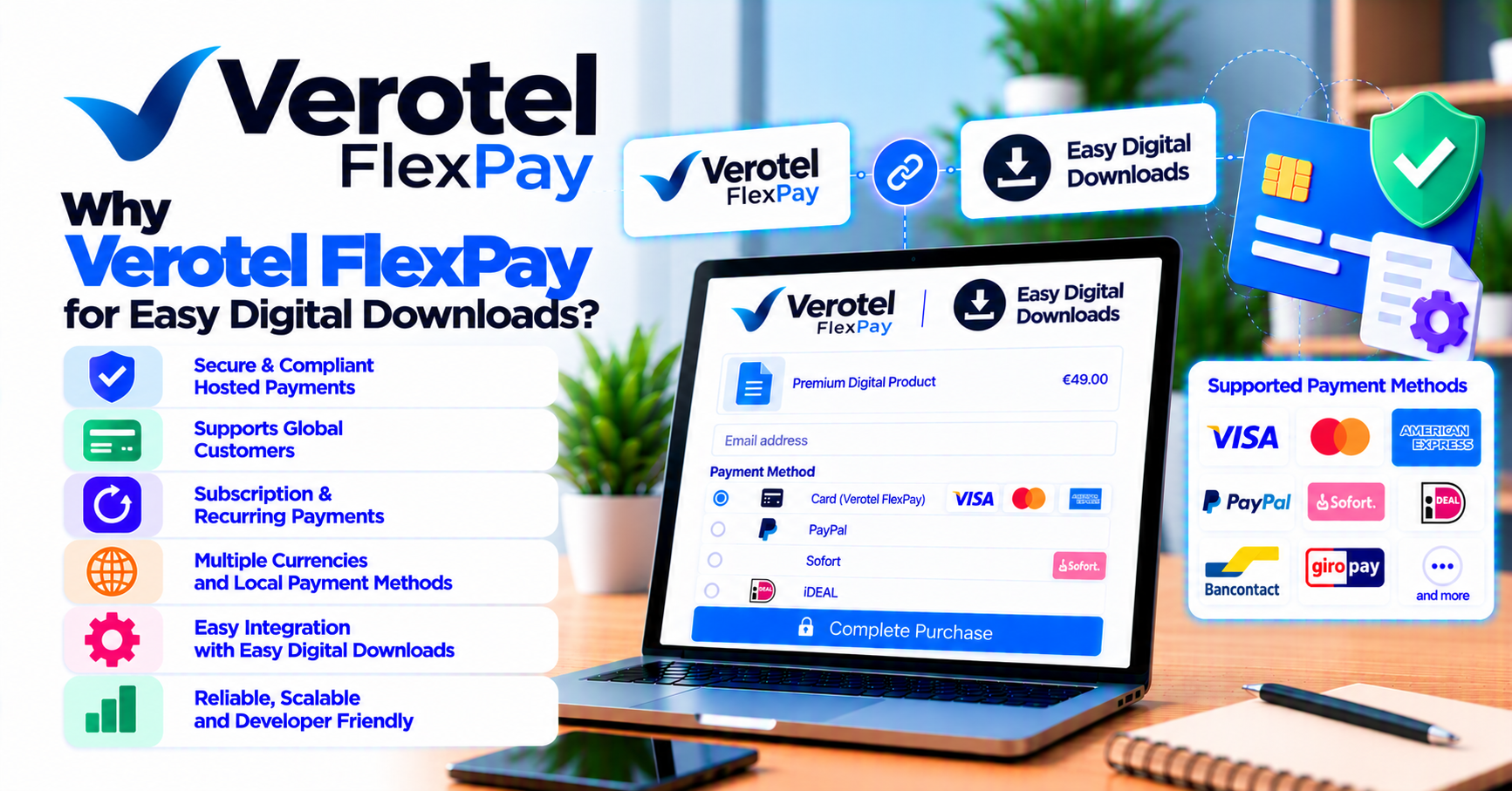 Why buy Verotel FlexPay for Easy Digital Downloads: hosted checkout for digital merchants — WooCommerce payment infographic