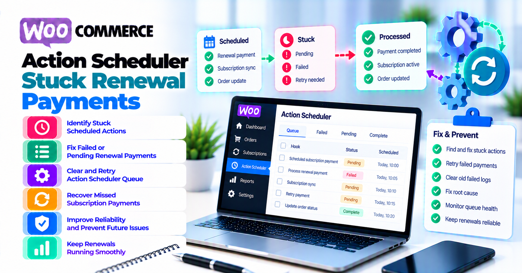 WooCommerce renewal-payment triage flow through Action Scheduler, renewal order, gateway state, webhook, and safe reprocessing decision.
