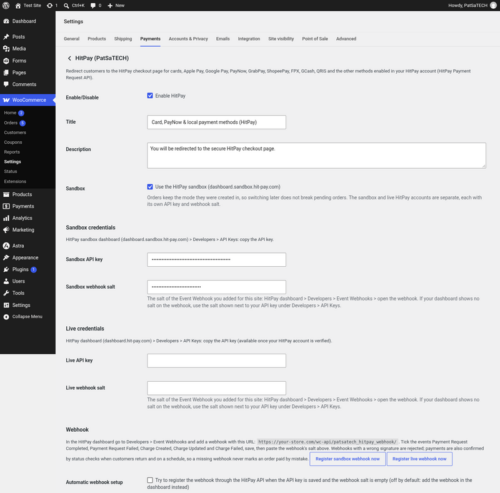 HitPay gateway settings in WooCommerce: sandbox mode, API keys, webhook salts and webhook URL