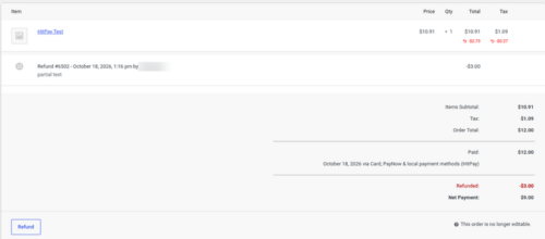 WooCommerce order after a partial HitPay refund