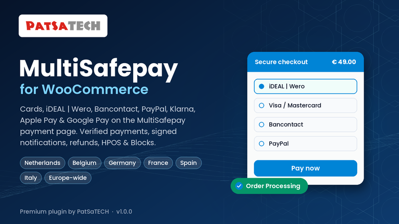 WooCommerce MultiSafepay Payment Gateway by PatSaTECH: cards, iDEAL WooCommerce MultiSafepay Payment Gateway by PatSaTECH: cards, iDEAL