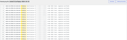 WooCommerce log for the MultiSafepay gateway with verified notifications WooCommerce log for the MultiSafepay gateway with verified notifications