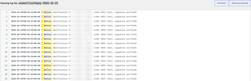 WooCommerce log for the MultiSafepay gateway with verified notifications WooCommerce log for the MultiSafepay gateway with verified notifications
