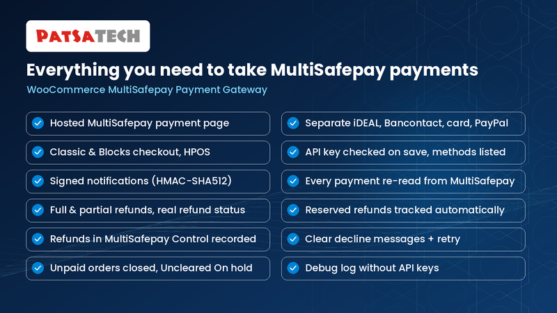 Features of the WooCommerce MultiSafepay gateway: signed notifications, refunds, Blocks and HPOS Features of the WooCommerce MultiSafepay gateway: signed notifications, refunds, Blocks and HPOS