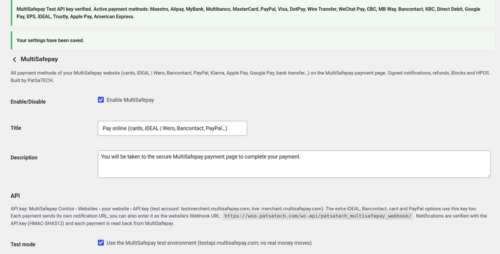 MultiSafepay gateway settings in WooCommerce with test mode and the API key check MultiSafepay gateway settings in WooCommerce with test mode and the API key check