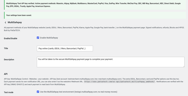 MultiSafepay gateway settings in WooCommerce with test mode and the API key check MultiSafepay gateway settings in WooCommerce with test mode and the API key check
