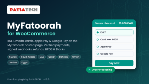 WooCommerce MyFatoorah Payment Gateway by PatSaTECH: KNET, mada, cards, Apple Pay and Google Pay