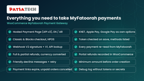 Features of the WooCommerce MyFatoorah gateway: hosted payment page, signed webhooks, refunds, Blocks and HPOS