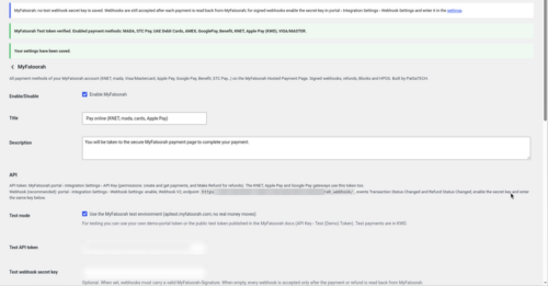 MyFatoorah gateway settings in WooCommerce with test mode and the token check