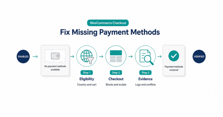 WooCommerce payment-method diagnostic from enabled settings through shopper eligibility, checkout rendering, and logs.