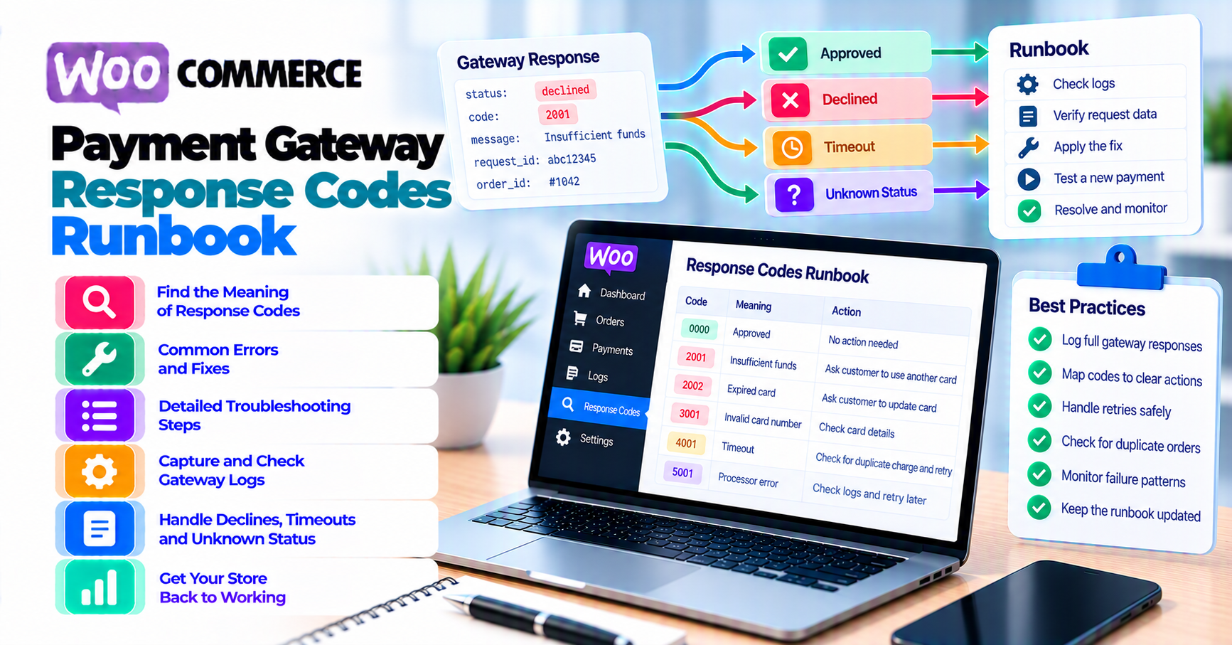 WooCommerce gateway response-code runbook mapping declined, timeout, and unknown statuses to support checks and next actions.