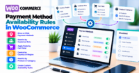 WooCommerce payment-method availability matrix using cart, country, currency, shipping, and subscription inputs to choose methods and fallbacks.