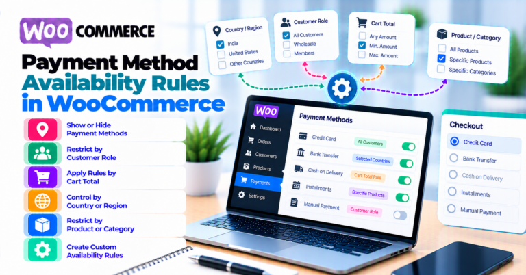WooCommerce payment-method availability matrix using cart, country, currency, shipping, and subscription inputs to choose methods and fallbacks.