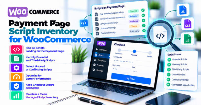 WooCommerce payment-page script workflow from browser observation and authorization through integrity evidence, change monitoring, and alert response.
