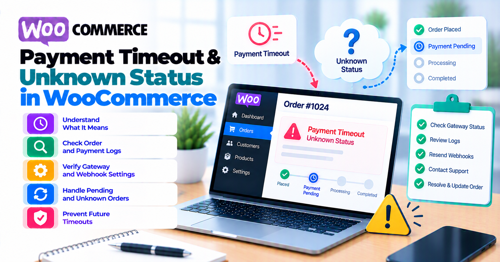 WooCommerce payment-timeout flow that pauses retry, checks the original gateway payment, reconciles webhooks, and chooses the next action.