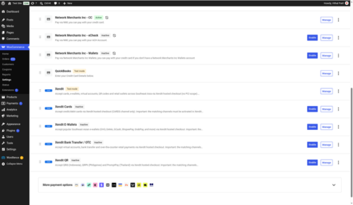 WooCommerce Payments list with the Xendit, Cards, E Wallets, Bank Transfer and QR gateways