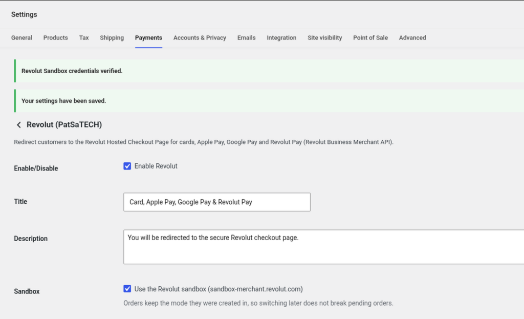 Revolut Sandbox credentials verified message after saving the Secret key