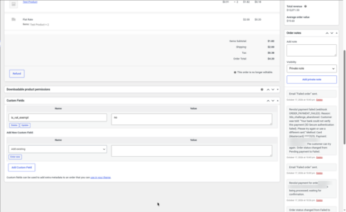 Order note recording a declined Revolut payment and its reason