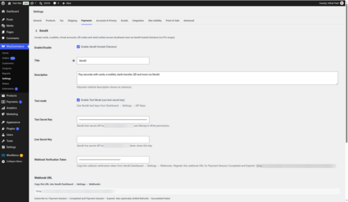 Xendit Gateway for WooCommerce settings: test mode, secret keys, webhook token and webhook URL