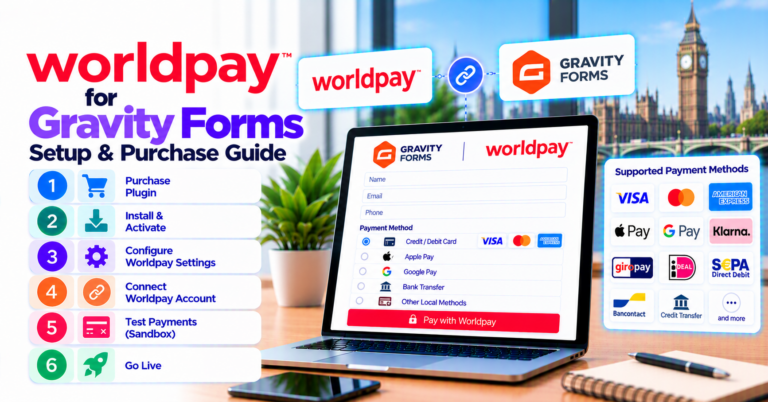Worldpay for Gravity Forms — setup, test environment, and purchase — WooCommerce payment infographic