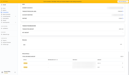 Xendit dashboard transaction detail listing the refund