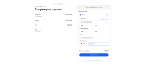 Xendit hosted payment page showing the order total and card form