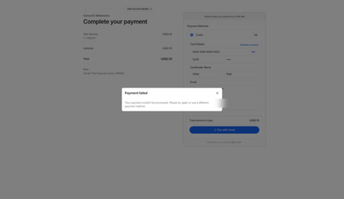 Xendit hosted page showing a declined test card payment Xendit hosted page showing a declined test card payment